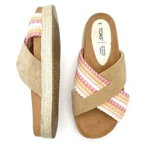 TOMS Paloma Slides Honey Tan Coral & Cream Rope Platform Sandals Women’s Size 8